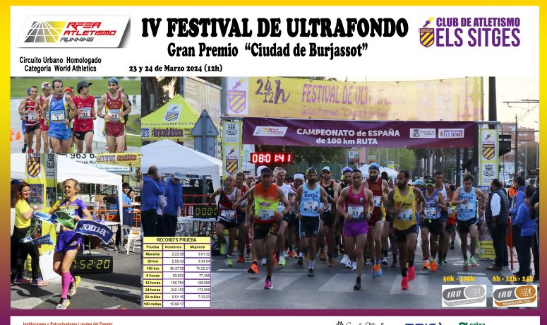 Burjassot acoge este fin de semana el IV Festival de Ultrafondo Gran Premio “Ciudad de Burjassot” El entorno del Polideportivo Municipal de Burjassot va a ser este fin de semana el punto de encuentro de las y los ultrafondistas más destacados del panorama nacional e internacional. Contando con la colaboración del Ayuntamiento de la localidad, desde la Concejalía de Deportes, dirigida por Juan Gabriel Sánchez, los días 23 y 24 de marzo Burjassot va a acoger el IV Festival de Ultrafondo, Gran Premio “Ciudad de Burjassot” en su circuito urbano homologado por la RFEA, ajustado a la norma de World Athletics. La competición cuenta también con la colaboración de la Diputació de València y la Generalitat Valenciana. El IV Festival de Ultrafondo, Gran Premio “Ciudad de Burjassot”, es una prueba de rango Internacional con etiqueta de Plata de la IAU para las pruebas de 50 Km, 100 Km, y etiqueta de Bronce de la IAU en 6 horas, 12 horas y 24 horas, que se celebrará en la Avenida de Vicent Andrés Estellés; el circuito trascurre por la avenida exterior del Polideportivo y del Pabellón Cubierto Municipal de Burjassot. La prueba está incluida en el calendario internacional de la Real Federación Española de Atletismo. La competición se celebra bajo el reglamento de la “International Association of Ultrarunners” (IAU Guidelines) y de “World Athletics” (World Rules), que todos los corredores tienen que conocer y aceptar en el momento de tramitar la inscripción. Toda la información puede consultarse PINCHANDO AQUÍ.